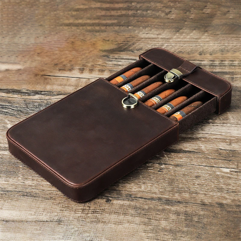 Men Accessories Drawer - กล่องเก็บซิการ์หนังวัวแท้ 6 ช่อง พร้อมที่ตัดซิการ์ กล่องใส่ของสำหรับเดินทาง อุปกรณ์สูบบุหรี่